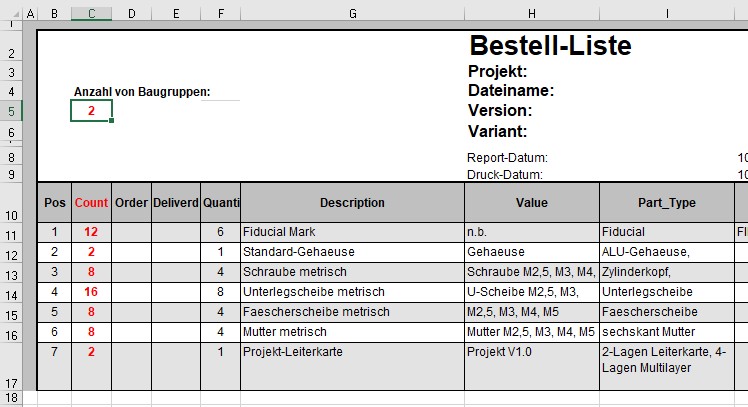 Ausschnitt aus der Bestellliste