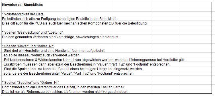 Infobereich der Stückliste